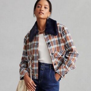 Maeve Anthropologie Retro Plaid Jacket Trucker Exaggerated Collar Faux Fur Small